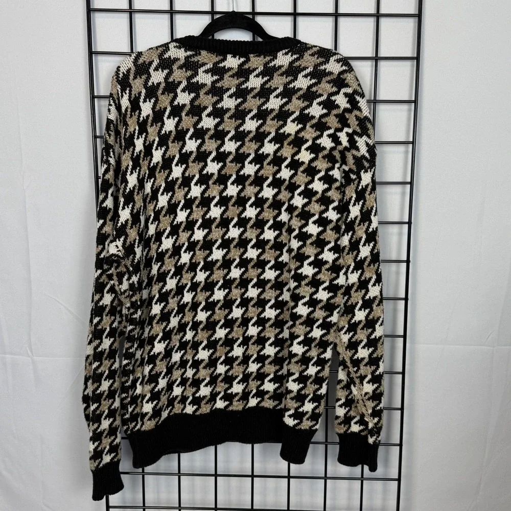 Vintage John Ashford‎ Sweater Mens Large Beige Black Houndstooth Cosby Eclectic